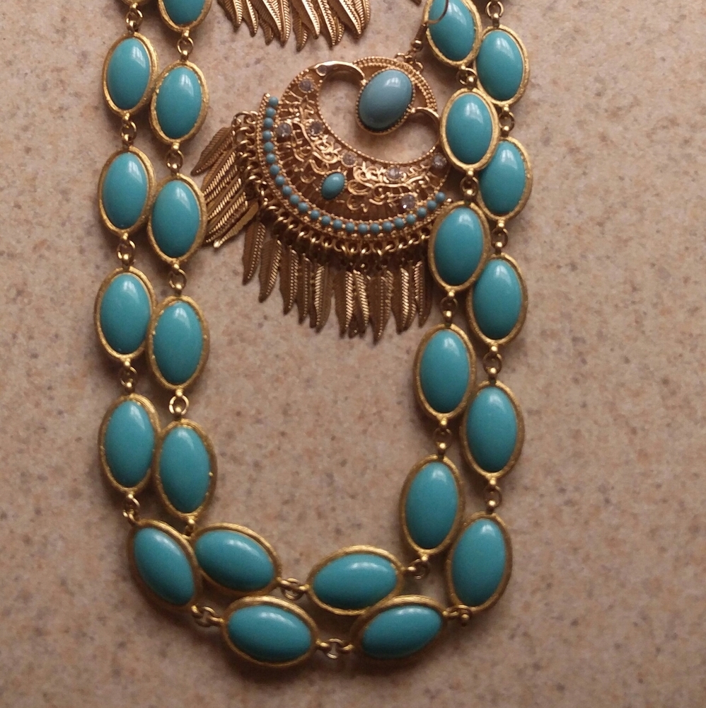 3 piece set, Earring necklace bracelet gold and turquoise - Picture 1 of 5
